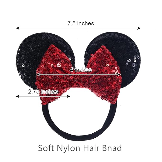 JIAHANG Mouse Ear Nylon Headband with Sequin Bow, Soft Elastic Hair Bow Hair Band, Party Headwear for Baby Newborn Infant Toddlers, kids, Gilrs Party Supplies