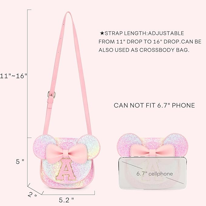 mibasies Toddler Purse Girl Gifts: Girls Birthday Gifts for 3-8 - Toys for Ages 2-4 Girls Mouse Ears Purse, Glitter Rainbow, Letter A