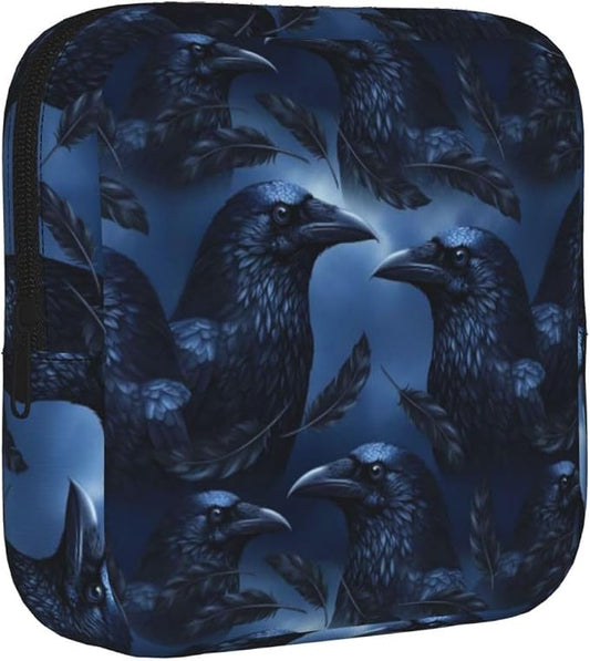 Multifunctional Storage Pouch with Zipper, Black Crow Raven Bird Art Art, Polyester Period Bag Stores Menstrual Cup Nursing Pad Cosmetic Keys
