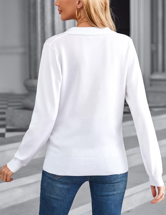 Women's Long Sleeve Classic V Neck Casual Fall Winter Polo Sweater Tops | Basic Collared Knitted Fashion Work Business Formal Daily Wear Versatile Pullover Shirts