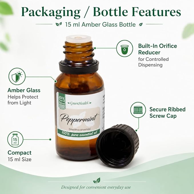 GreenHealth Japanese Peppermint Essential Oil – 15 ml – 100% Pure & Uncut – Strong Menthol Aroma – Glass Bottle for Diffusers, Cleaning, DIY Use – Bottled in USA