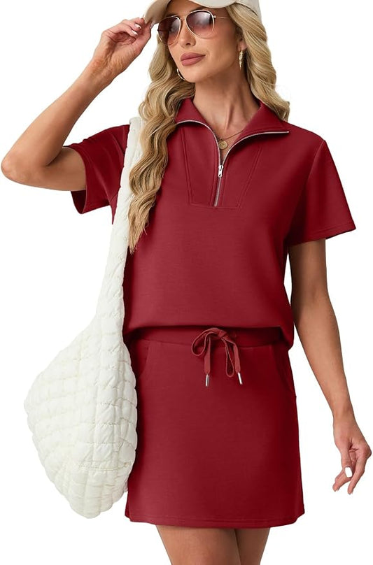GRECERELLE Women's Summer 2 Piece Skort Set Half Zip Short Sleeve Top & Pocketed Tennis Skirt For Sports & Vacations.