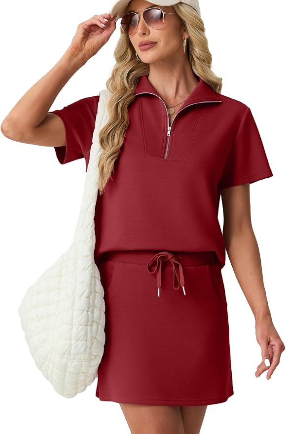 GRECERELLE Women's Summer 2 Piece Skort Set Half Zip Short Sleeve Top & Pocketed Tennis Skirt For Sports & Vacations.