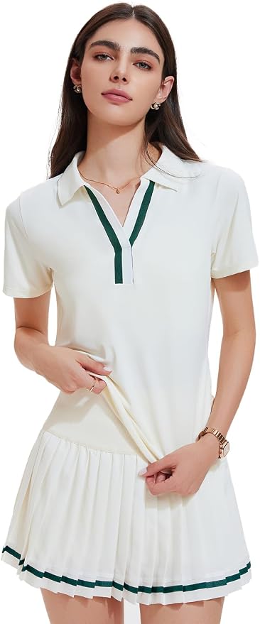 Women 2 Piece Tennis Skirt Set Pleated Golf Outfit, Polo V-Neck Athletic Dress Alternative Skort Set for Pickleball Pockets