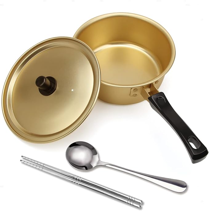 AHIER Korean Ramen Cooking Pot, Korean Ramen Noodle Pot with Lid, Spoon | Chopsticks (1pair), Single Handle, Fast Heating Stovetop for Kitchen Cookware Dorm and Camping