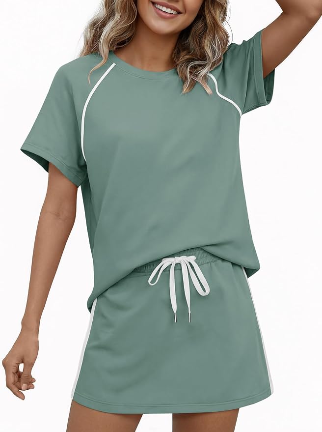 Womens 2 Piece Skirt Sets Summer Tennis Outfits Vacation Skort Set | Two Piece Sets, Short Set, Athletic Workout Golf Outfits, Crew Neck, Color Block, Drawstring, Workout Mathcing Lounge Sets