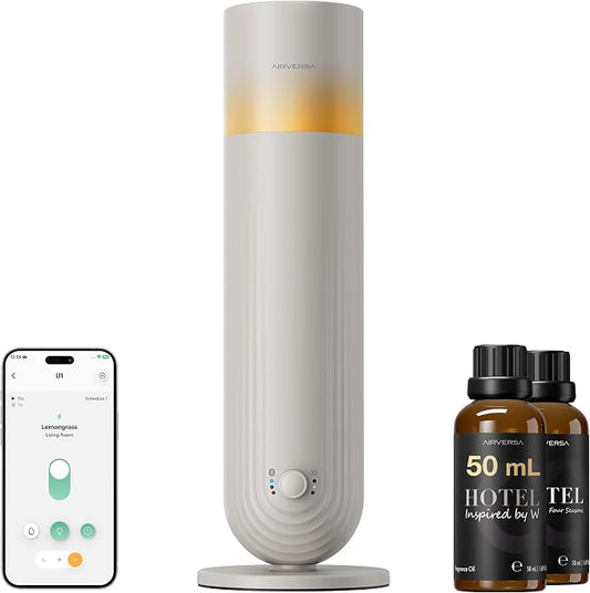 Airversa U1 Smart Tower Waterless Diffuser Starter Kit, Beige Gray | 2x50mL Hotel Scent Fragrance Oil, Up to 1200 sq ft, App Control, Cold Air, 120mL, DC-12V/1A, Scent Air Machine, U1kit-2X50