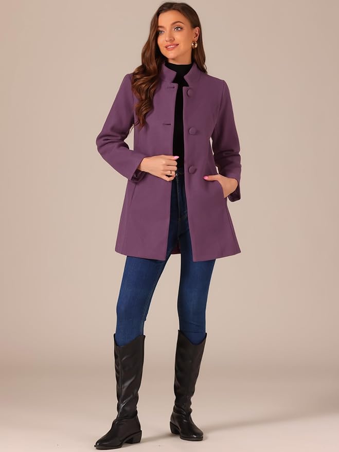 Allegra K Women's Winter Overcoat Mid-Long Stand Collar Single Breasted Coat Outerwear