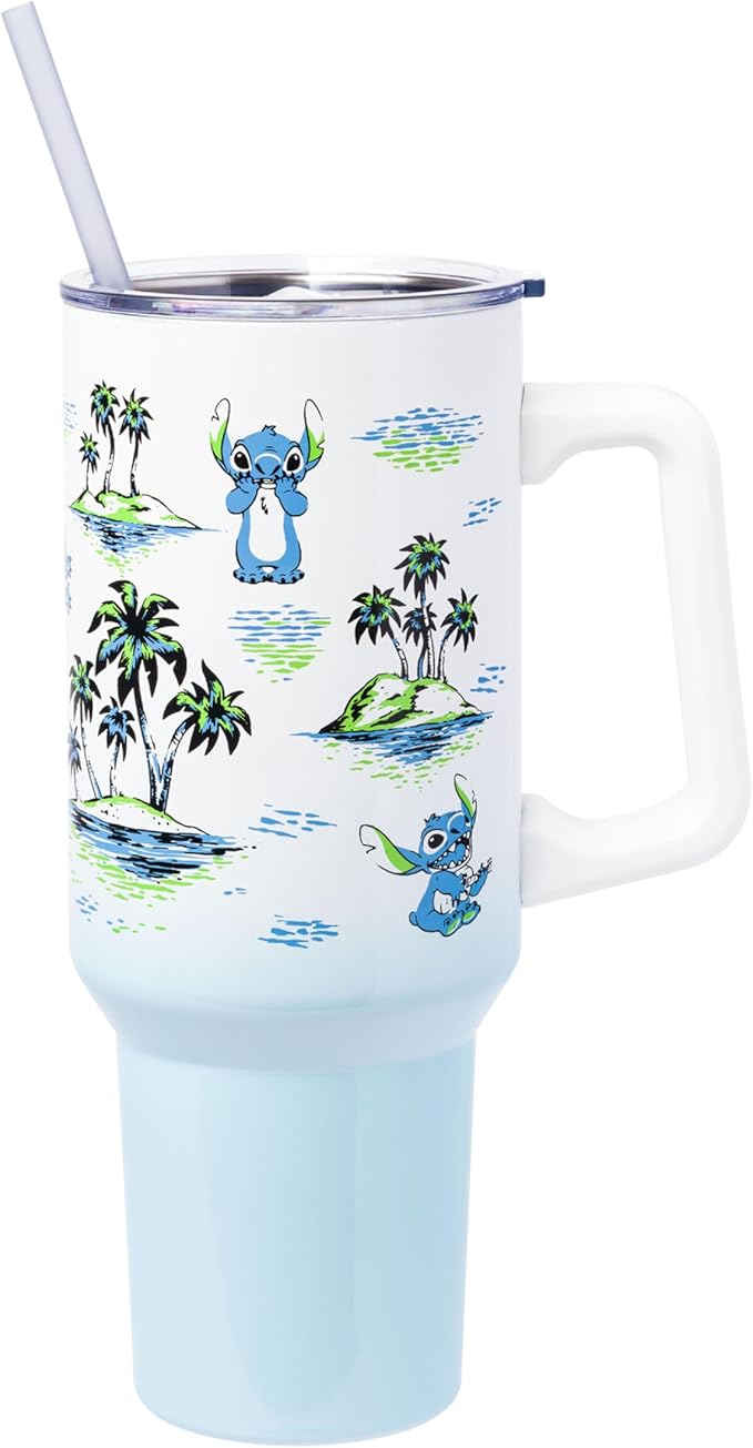Silver Buffalo Disney Lilo and Stitch Vintage Sketch Palm Trees & Flowers Double Walled Stainless Steel Tumbler with Handle and Straw, Fits in Standard Cup Holder, 40 Ounces (Pack of 12)