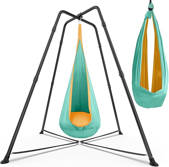 Swing Stand Frame with Sensory Pod Swings and Chair, Sensory Swing Set, X-Shaped Swing Frame, Heavy-Duty Metal Hammock Chair Stand for for Adults Indoor and Outdoor 330LBS(Mint Green)
