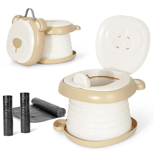 Orzbow Portable Potty Training Toilet, Travel Potty Seat for Toddler Boys Girls, Toilet Training Essentials, Foldable, Includes Free Travel Bag and Disposable Liners, Indoor/Outdoor Use, Khaki