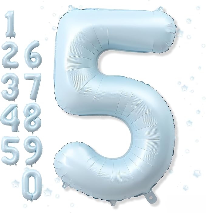 Big Number 5 Balloons, Dusty Light Blue Foil 5 Balloon Numbers 40 Inch, Giant 5th Birthday Party Decor, Matte Baby Blue Mylar Helium Self Inflating Balloon for Boys Birthday Anniversary Decorations