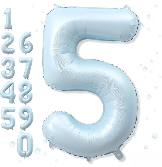 Big Number 5 Balloons, Dusty Light Blue Foil 5 Balloon Numbers 40 Inch, Giant 5th Birthday Party Decor, Matte Baby Blue Mylar Helium Self Inflating Balloon for Boys Birthday Anniversary Decorations