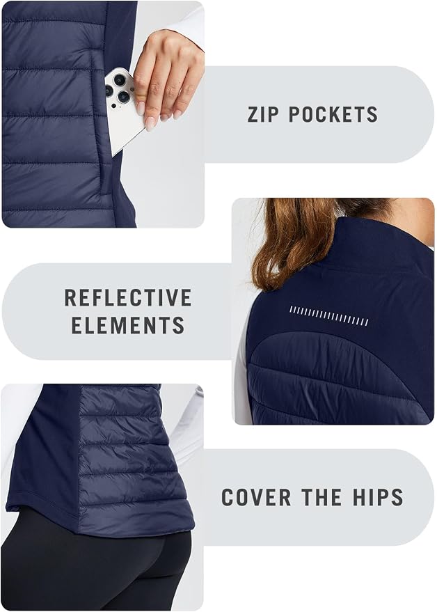 baleaf Womens Lightweight Warm Puffer Vest Winter Running Sleeveless Jacket | Zip Pockets & Soft Curve Design, Windproof, Water-Resistant and Noiseless Fabric, Suitable for Running, Hiking in 20°F-60°F