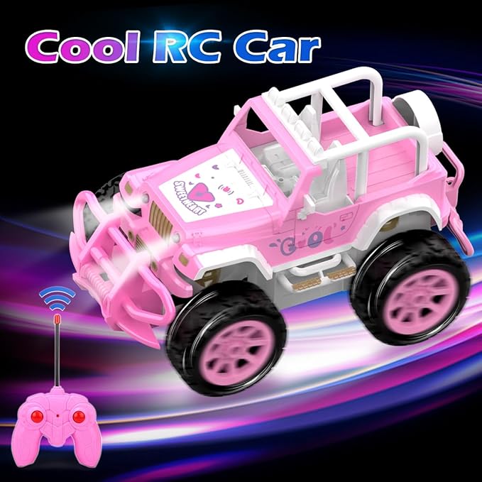 Qizebaby Pink RC Car for Girls, Remote Control Jeep Toy with LED Lights, Rechargeable Off-Road RC Truck, Gifts for Kids Girls Ages 3–7