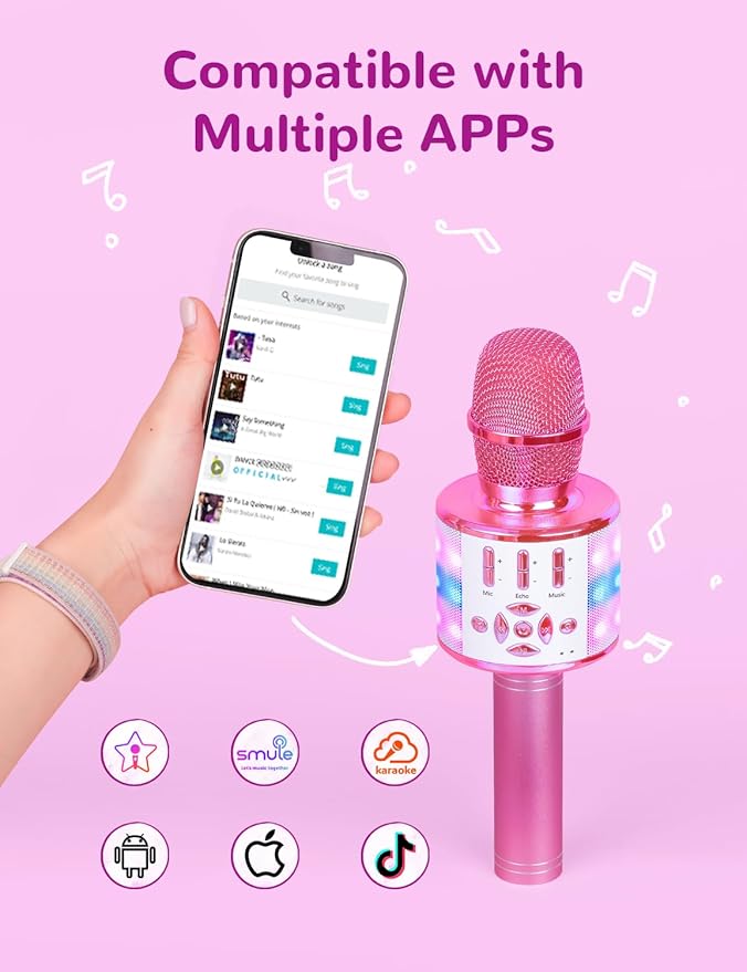 Amazmic Toys for Girls, Kids Karaoke Microphone Toddler Microphone for Kids with Lights, for Girls, Birthday Party Boys Toy Age 3 4 5 6 7 8+(Light Pink)