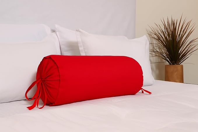 Cervical Neck Roll Pillow Cover with Cotton Bolster Pillowcases for Cylindrical Cushion and Drawstring Closure Round Neck Pillowcase 6" x 18" (15 x 45 cm) Red