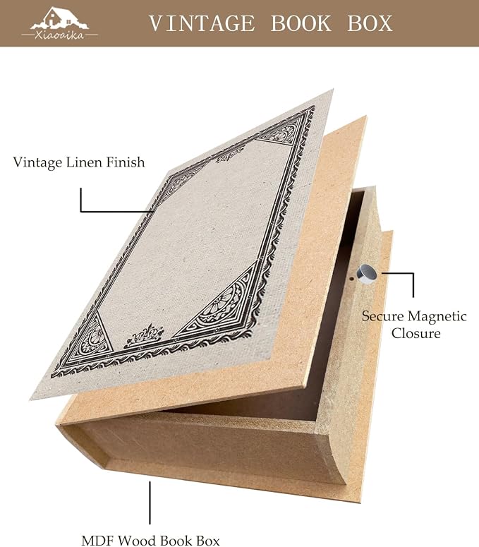Decorative Wooden Book Box Set of 2 - Vintage Faux Book Boxes for Home Decor, Secret Storage with Magnetic Closure, Antique Style, Linen Cover Design, Perfect for Home Office Bookshelf