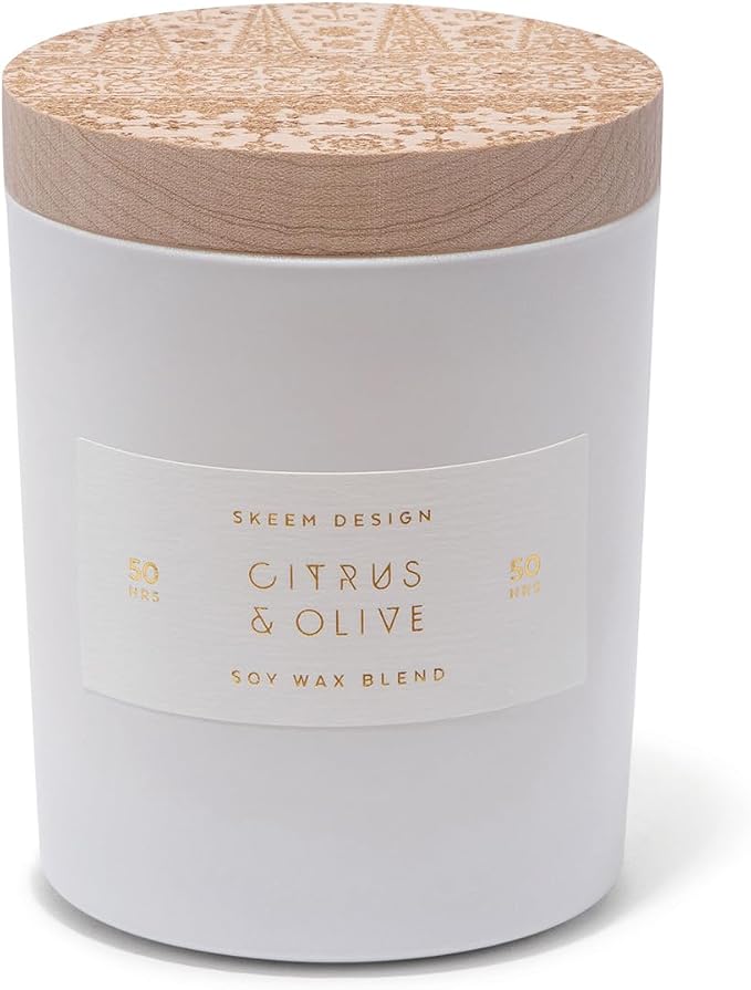 Skeem Print Block Citrus & Olive Scented Candle - Olive, Citrus, Fig and Cedarwood Blend - Soy Wax, All Natural Oils - Aromatherapy Candle