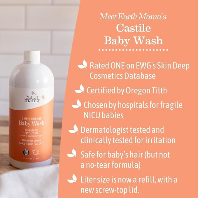 Earth Mama Sweet Orange Baby Wash Liquid Hand Soap Refill, Body Wash for Sensitive Skin, All Purpose Castile Soap Liquid with Coconut Oil, Shea Butter, Calendula & Aloe, 34 fl oz