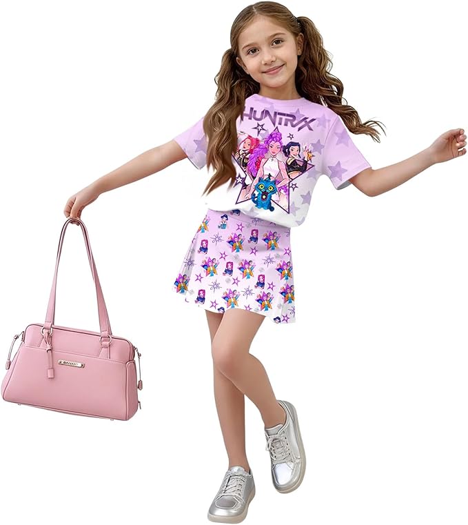 Girls 2-Piece Anime Outfit Set, Short Sleeve Graphic T-Shirt and Printed Skirt Set