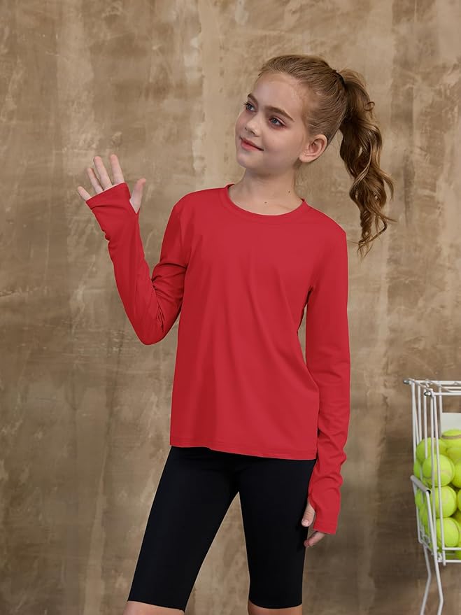 ZDC Girls Long Sleeve Athletic Shirts Kids Crewneck Quick Dry Workout Yoga Tops Basic Tees Activewear