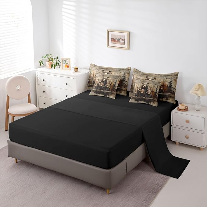 Feelyou Vintage Grizzly Bear Comforter Set With Sheets 7 Piece King Size Wild Animal Hunting Bedding Set for Kids Boys Girls Western Cabin Bed in a Bag Farmhouse Room Decor Soft Lightweight Microfiber
