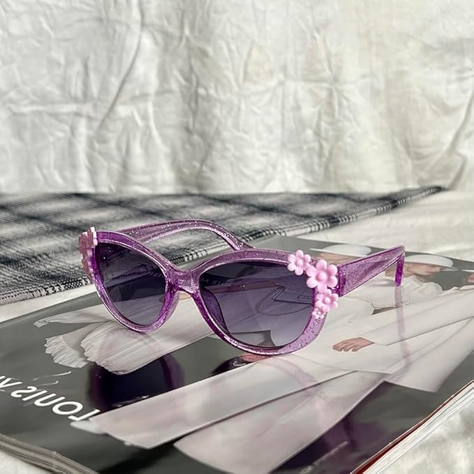 XINB LOOK Kids Sunglasses Girls, Cute Flower Frame Cartoon UV Glasses, Toddler Sunglasses Party Favor for Ages 3-10 (3, Cream-coloured/Transparent pink/Purple)