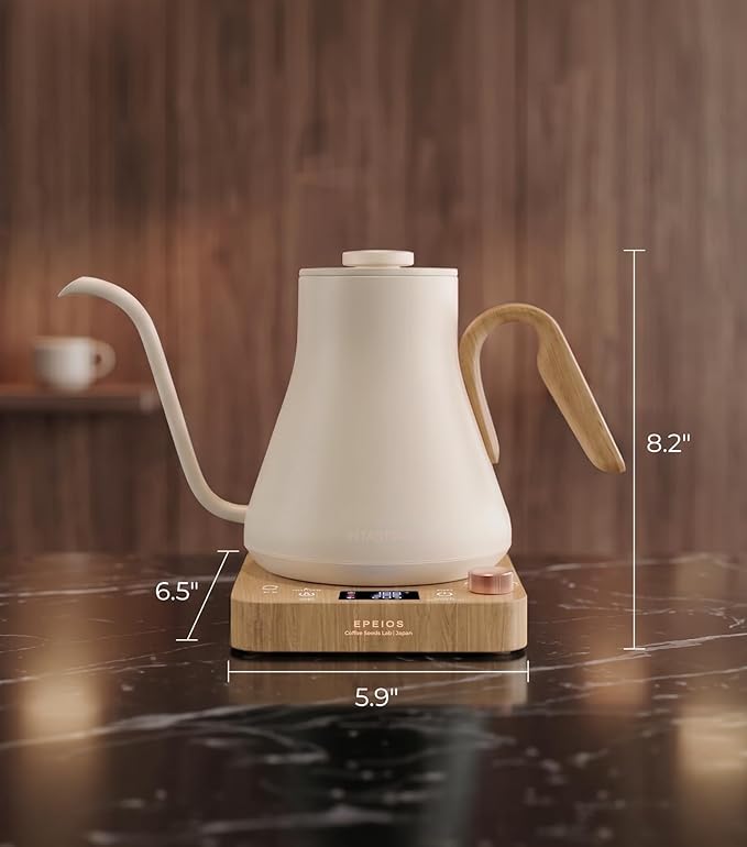 Epeios Electric Kettle, Gooseneck Electric Kettle with ±1°F Temperature Control, 1200W Rapid Heating for Pour Over Coffee & Tea, 304 Stainless Steel Interior, Auto Shut-Off, 0.9L, White Walnut