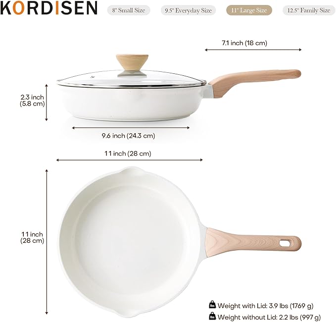 Kordisen Ceramic Non Stick Frying Pan Skillet with Lid, 11 Inch Cooking Pan | Non Toxic, Healthy Coating, Induction Compatible, Heat Resistant Handle, PFOA & PFAS Free