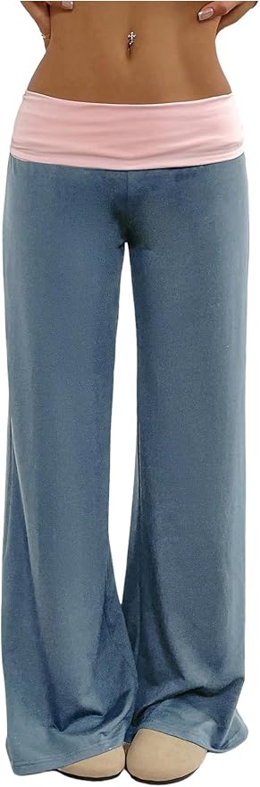 SOLY HUX Women's Sweatpants Color Block Low Rise Fold Over Waist Baggy Wide Leg Pants