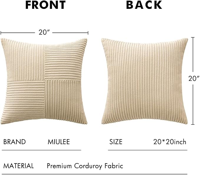 MIULEE Natural Beige Decorative Throw Pillow Covers for Couch 20x20 Inch | 2 Pack, Boho Farmhouse Pillow Covers, Soft Cross Corduroy Patchwork Textured Cushion Cases For Bed Sofa