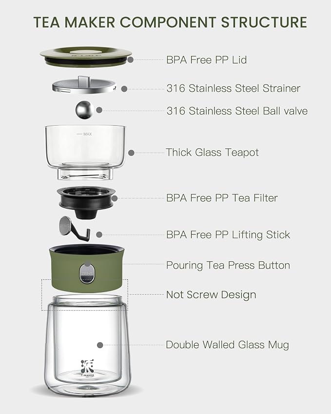 ZENS Modern Glass infuser Teapot, Small One Touch Tea Maker for Loose Tea Diffusers with 200ml Insulated Cup and Army Green Portable Carry Case, Magic Gongfu Tea Pot for Tea Lovers Gifts