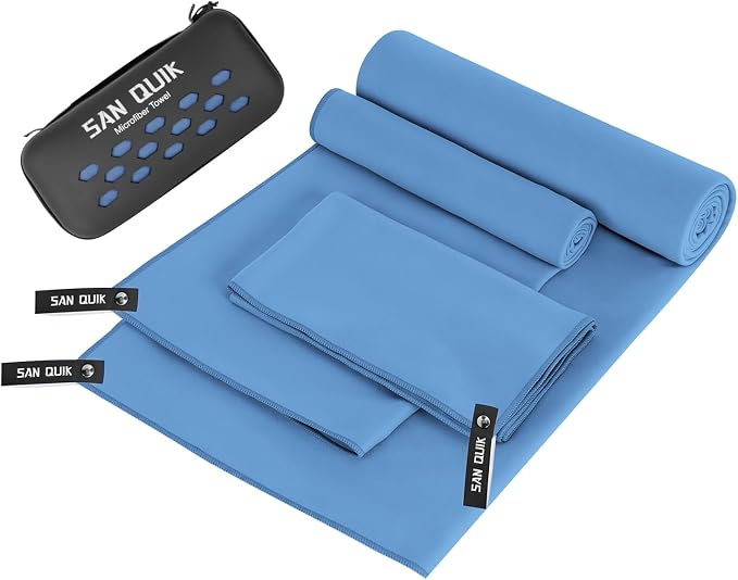 Quick Dry Camping Towel with EVA Case, Microfiber Travel Towel 3 Size at 1 Pack, Super Absorbent Lightweight Fast Drying Towel Set for Beach, Gym, Sports, Backpacking, Yoga & Swimming Pool, Blue