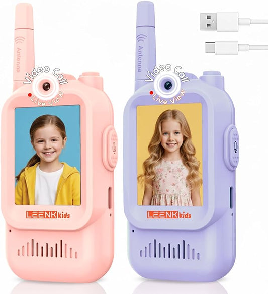 LEENK Video Walkie Talkies for Kids 2 Pack – Rechargeable Video Intercom Handheld, Indoor & Outdoor Range, Easy Use for Ages 3-12, Eco ABS, Clear Voice & Long Distance Communication (Pink & Purple)