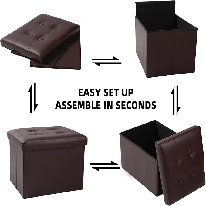 ALASDO Storage Ottoman Footrest Stool Small Ottoman with Storage Foldable Ottoman Leather Foot Rest Footstool Bench for Living Room 17x13x13inches Brown