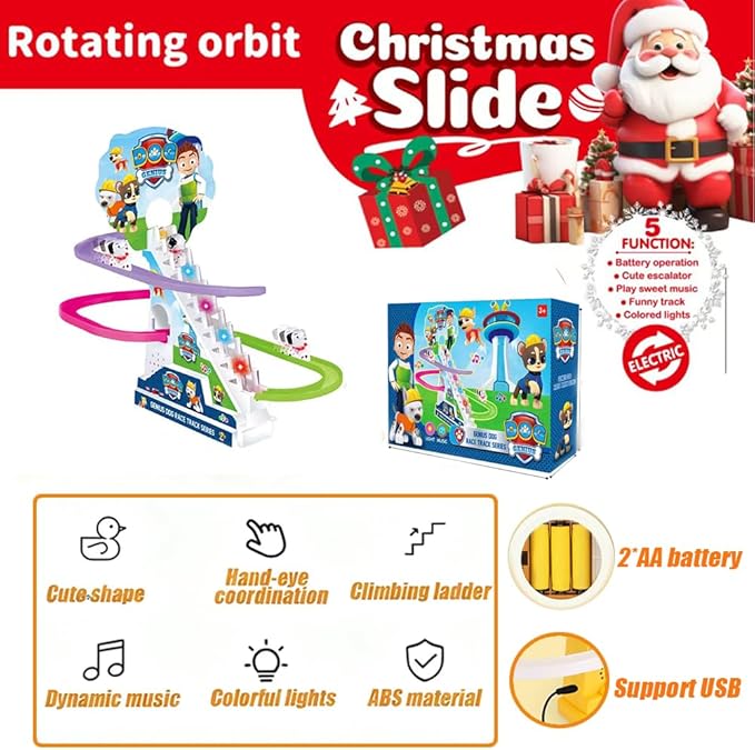 Dogs Climbing Toy Set Electric Light Slide Climbing Toys for Automatic Stairs,Playful Santa Race Game Christmas Roller Climbing Toys with LED Light and Music for Toddlers Boys Girls