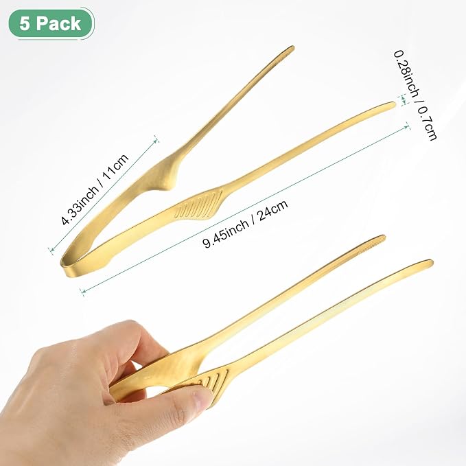 M METERXITY 5 Pcs Korean and Japanese BBQ Tongs 9.5 Inch Barbecue Tongs 430 Stainless Steel Kitchen Self-Standing Grill Non-Slip for Grill/Salad/Camping/Cooking [Gold]