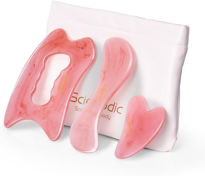 Scienlodic 3 Pcs Gua Sha Massage Tools for Face & Body (Pink, Resin) - Scraping Tools for Back, Legs & Muscle Relaxation, Guasha Facial Tool for Jawline Contouring & Puffiness Reduction
