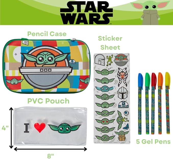 Innovative Designs Star Wars Baby Yoda Mandalorian Pencil Case Set with Stickers and Gel Pens for Kids, Molded with Zip Closure, Green