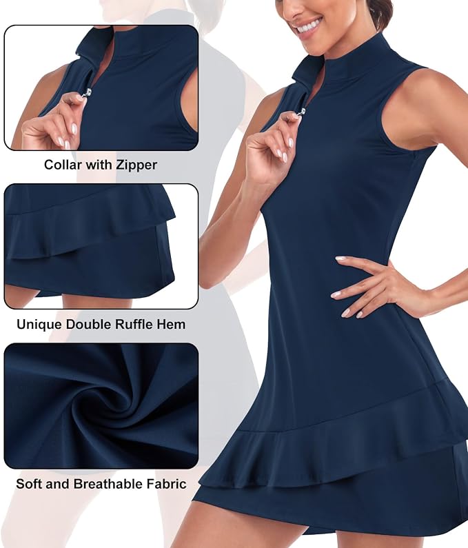 Viracy Tennis Dress for Women Sleeveless Golf Dresses with Shorts and Pockets Ruffle Zip Up Stand Collar Golf Outfits