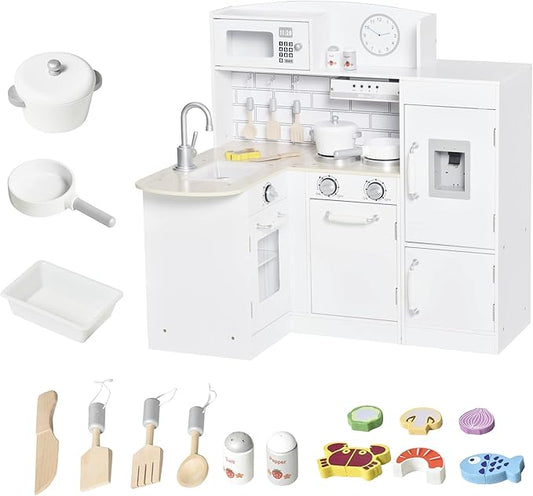Qaba Corner Kids Kitchen Playset, Wooden Pretend Toy Kitchen Set with Drinking Fountain, Microwave, Fridge and Accessories, Pretend Play Kitchen for 3+ Years, White