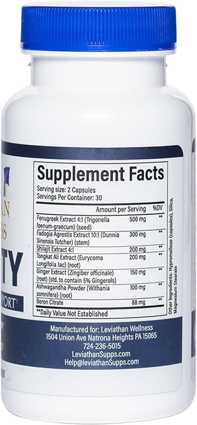 Vitality – Testosterone Support Formula | Fenugreek (500 mg), Fadogia Agrestis (300 mg), Shilajit, Tongkat Ali, Ginger, Ashwagandha | 60 Capsules, 30 Servings | Made in the USA