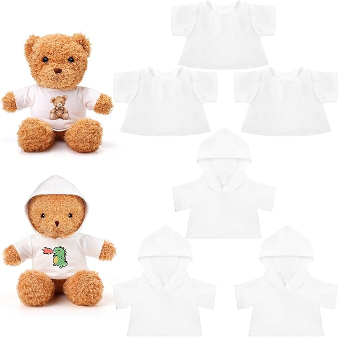 6 Pcs 8-12 Inch Stffed Bear Tshirt and Hoodie Blank Plush Animal Doll Clothes Tshirt for Sulimate DIY Stuffed Doll Outfit