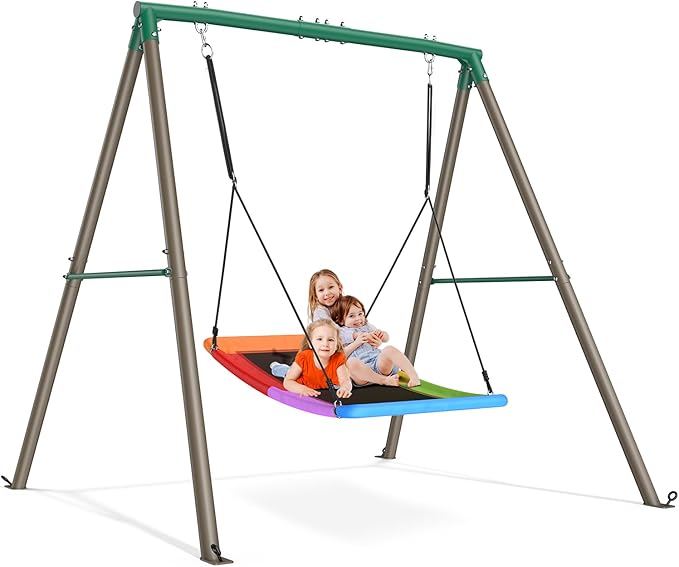 Trekassy Swing Sets for Backyard, 440lbs Heavy Duty A-Frame Metal Stand with 60" Large Platform Swing for Outdoor Playground Park（Green/Tan Frame + Rainbow Swing）(Patented)
