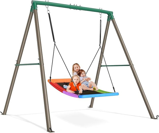 Trekassy Swing Sets for Backyard, 440lbs Heavy Duty A-Frame Metal Stand with 60" Large Platform Swing for Outdoor Playground Park（Green/Tan Frame + Rainbow Swing）(Patented)