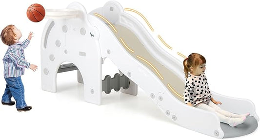 INFANS Toddler Slide, 4 in 1 Indoor Kids Slide Wave Slideway Max Load 330lb for Age 18+ Months with Basketball Hoop Ball, Outdoor Climber Freestanding Playset, Sturdy Plastic Playground Toy