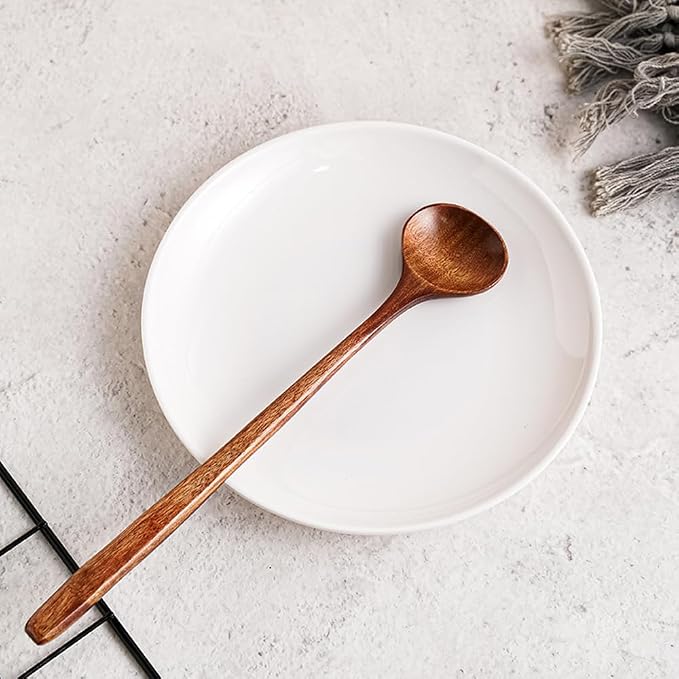 Long Soup Spoons, 11In Korean Style Natural Wood Long Handle Round Spoons | for Soup Mixing Stirrer Kitchen Tools Utensils