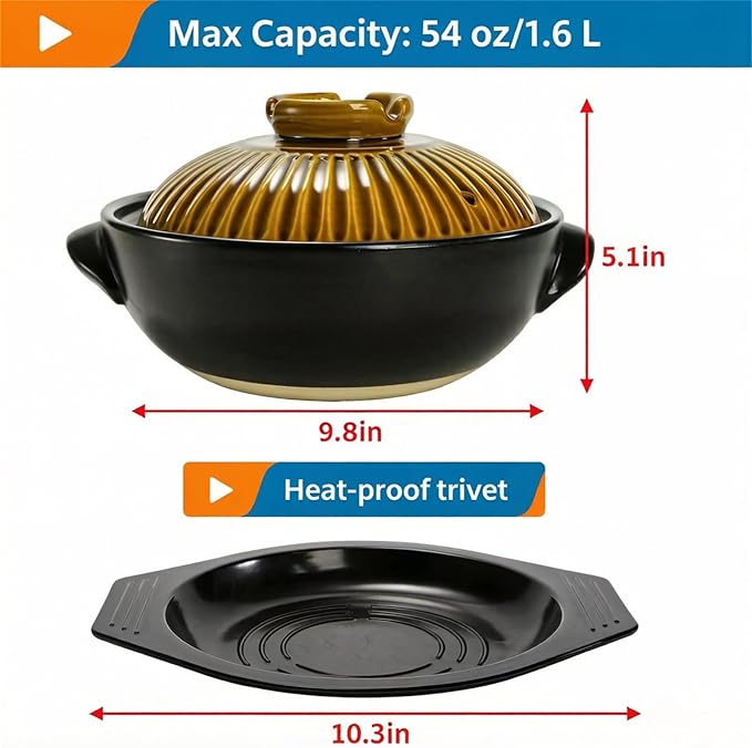 Okllen Large Korean Ceramic Bowl with Lid and Platter, 54 oz Clay Pot for Cooking, Sizzling Hot Pot for Dolsot Bibimbap, Soup, Casserole, Rice, Stew, Noodle
