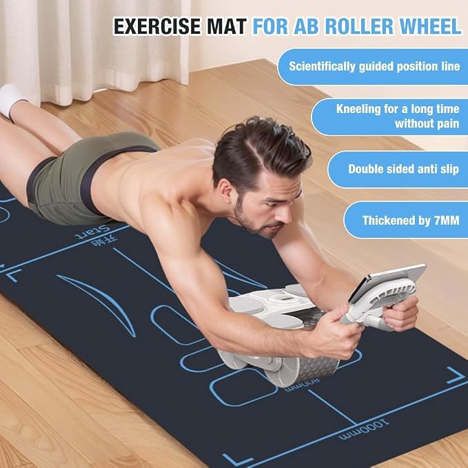Non-Slip Workout Mat for Ab Roller Wheel, Exercise Mat with Storage Bag, 7mm Extra Thick Exercise Equipment Yoga Floor Mats Home & Gym Sound Insulation Protection Pads